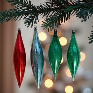 Set of 4 Vintage 50’s Oblong Mercury Glass Christmas Ornaments Made In Poland